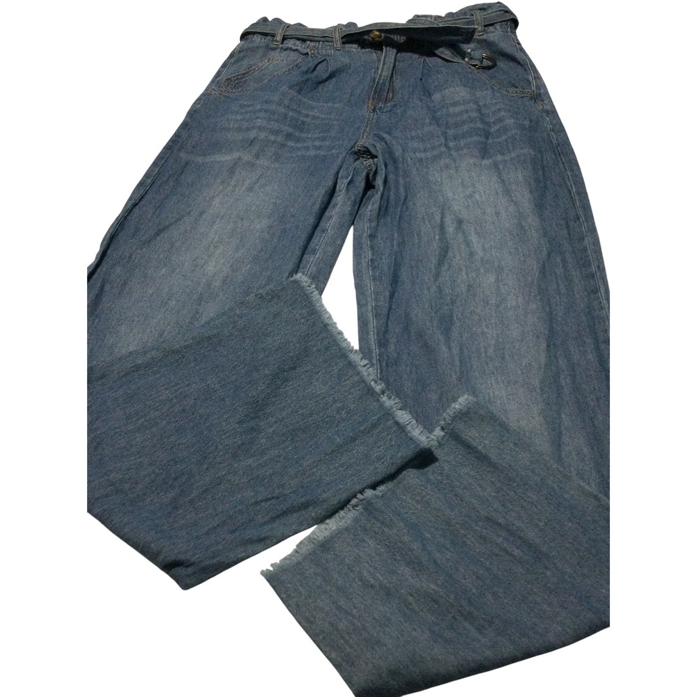 Maurices M Jeans Womens 8 Wide Leg Paperbag Waist Raw Hem Blue Denim Belted